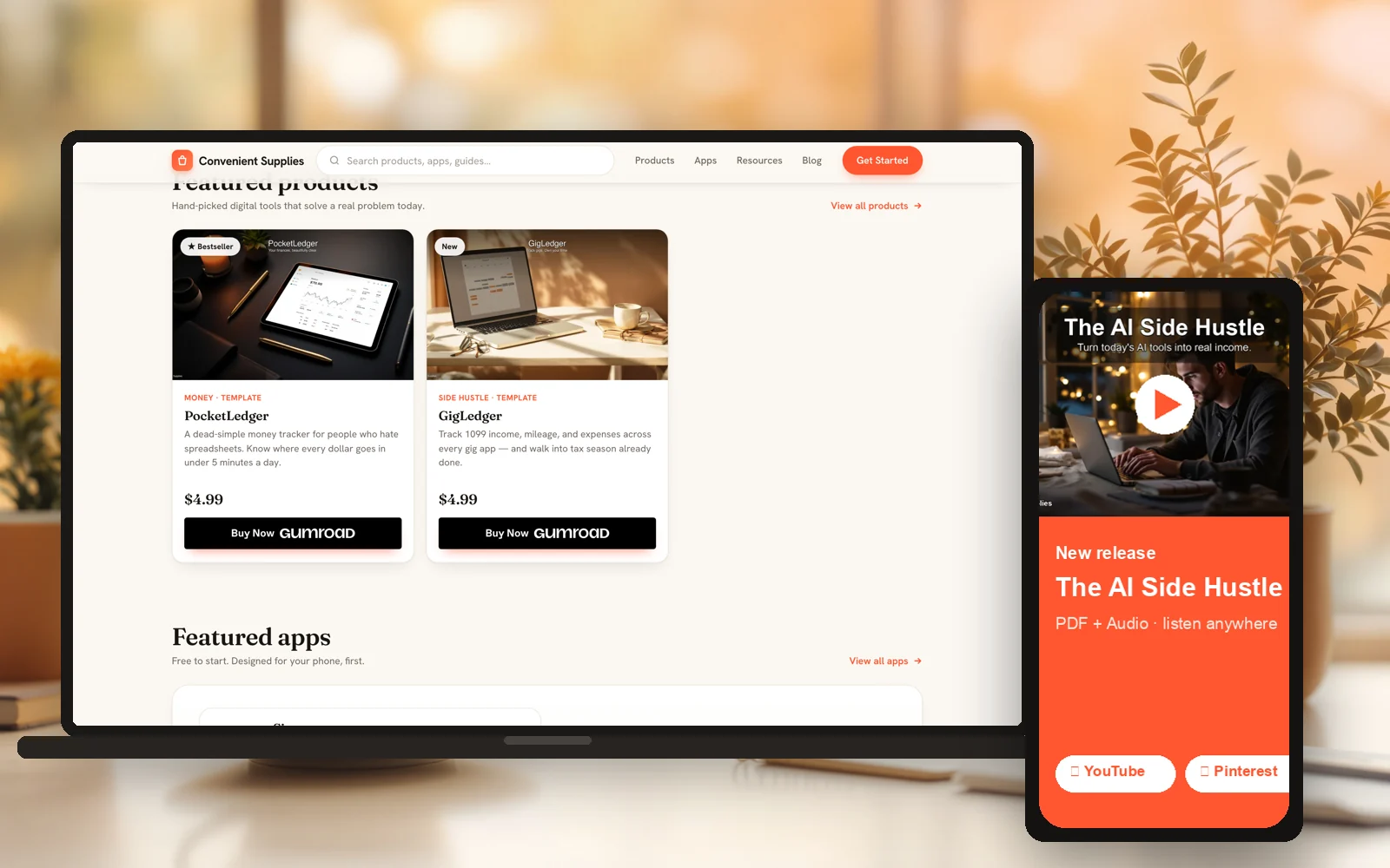 The Convenient Supplies website on a laptop and phone — digital trackers, planners and guides in PDF and audio